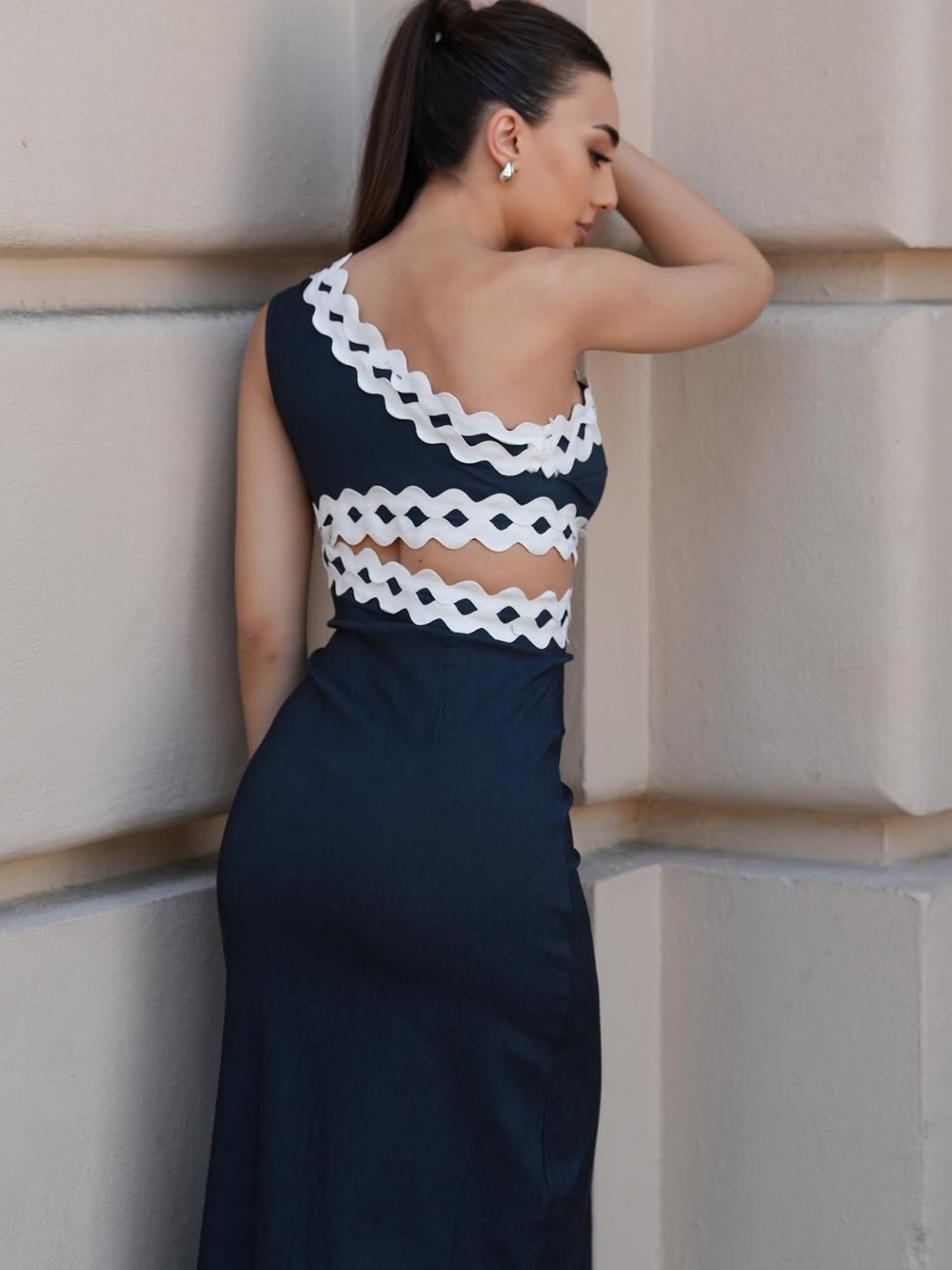 One-Shoulder Navy Dress with White Cutout Trim - Picture 3 of 4